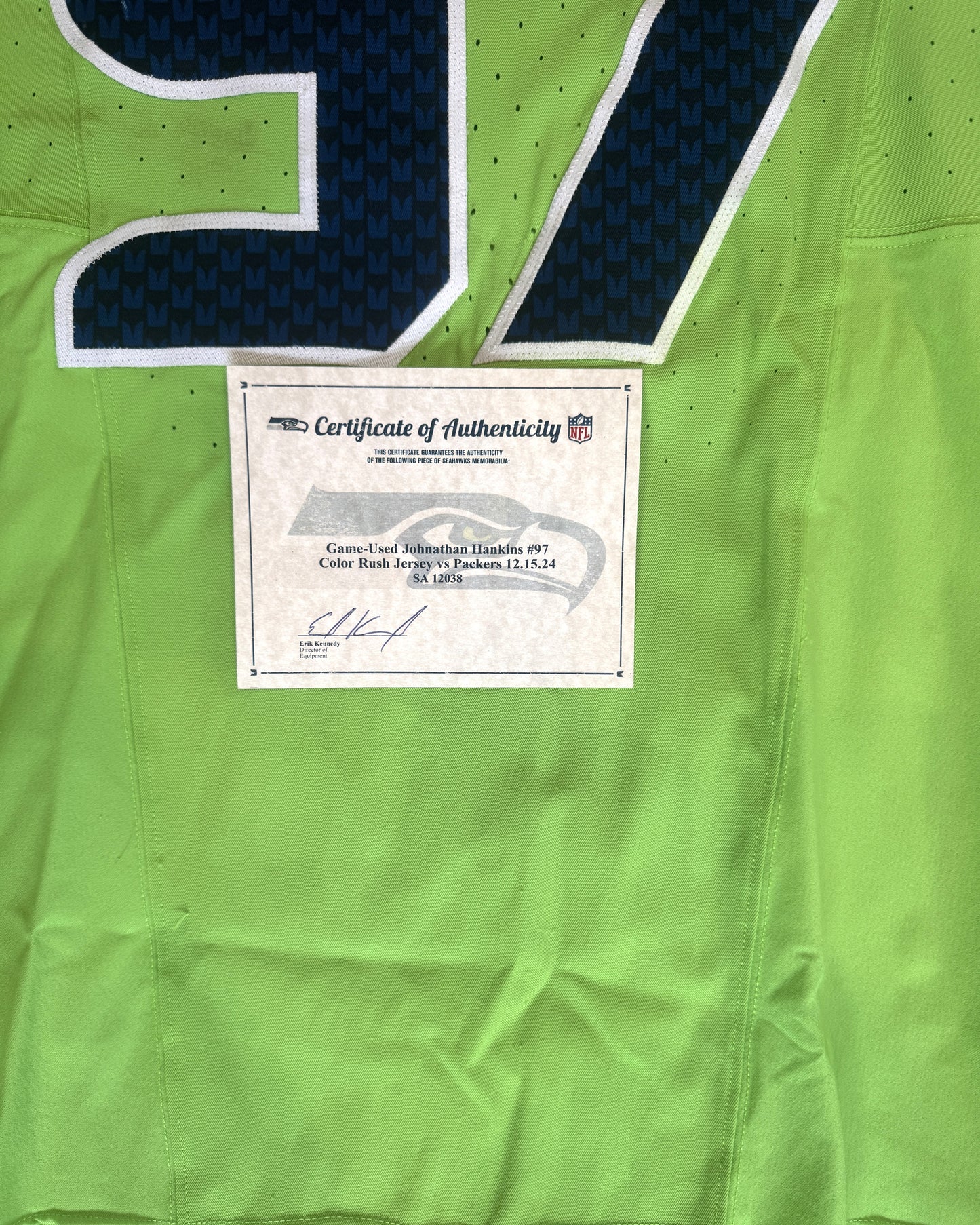 Johnathan Hankins GAME-WORN💪12/15/24 Seattle Seahawks NFL Color Rush Jersey👕vs. Green Bay Packers Inc.COA