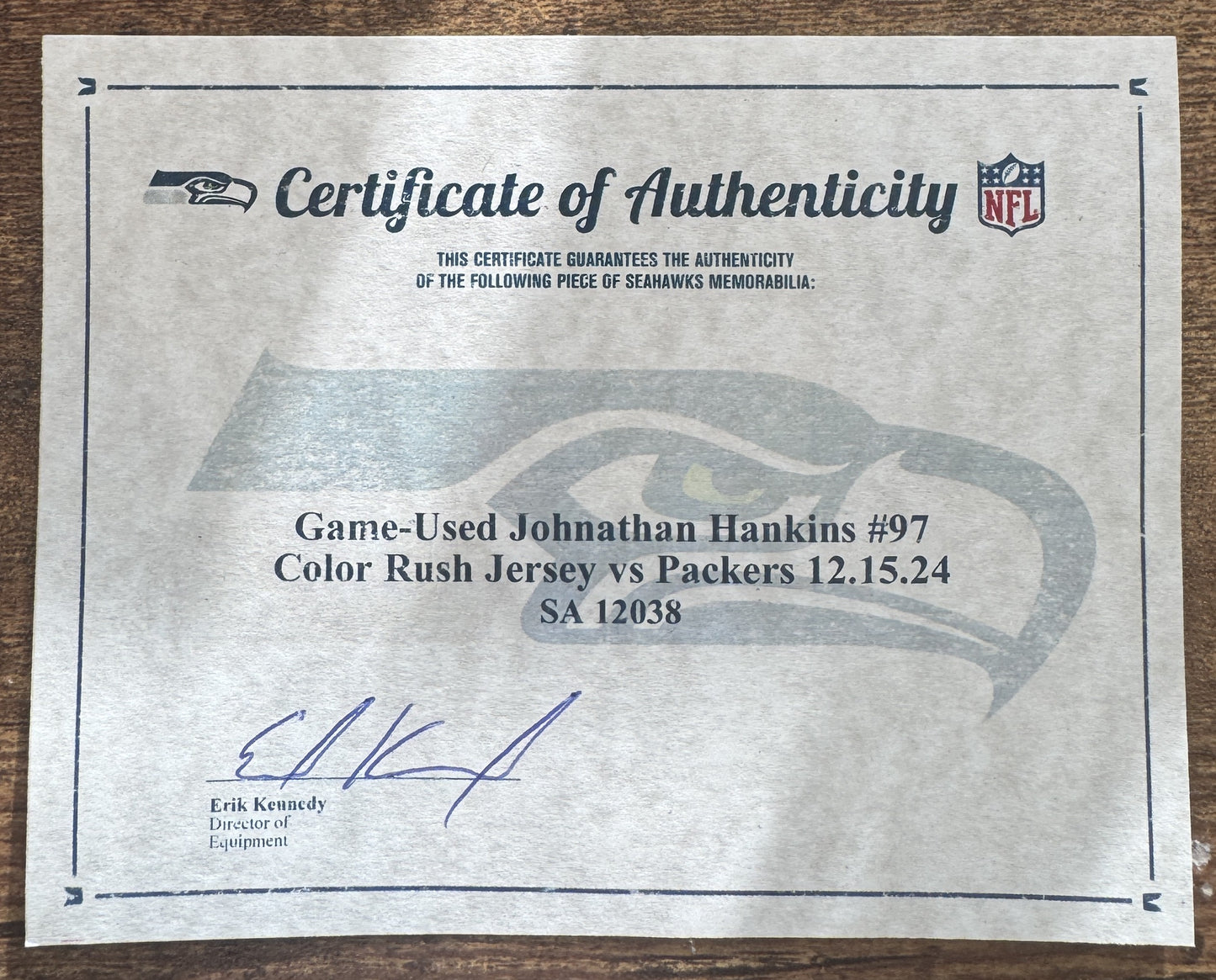Johnathan Hankins GAME-WORN💪12/15/24 Seattle Seahawks NFL Color Rush Jersey👕vs. Green Bay Packers Inc.COA