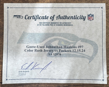 Johnathan Hankins GAME-WORN💪12/15/24 Seattle Seahawks NFL Color Rush Jersey👕vs. Green Bay Packers Inc.COA