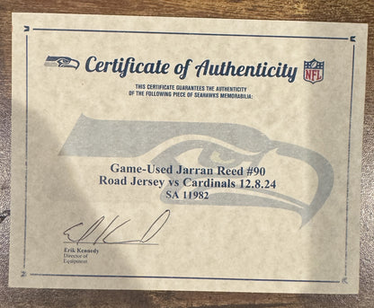 Jarran Reed GAME WORN 💪 12/08/2024 Seattle Seahawks NFL Jersey 👕 vs. Arizona Cardinals 🐦 Inc. COA