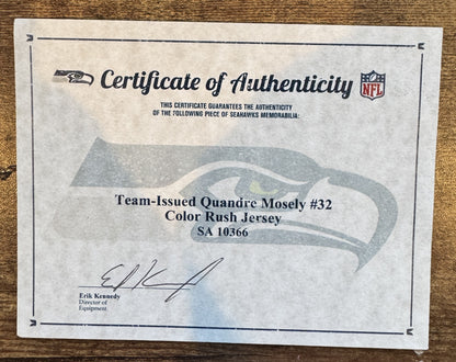 Quandre Mosley Color Rush Team Issued 💪 Seattle Seahawks NFL Jersey 👕 Inc. COA