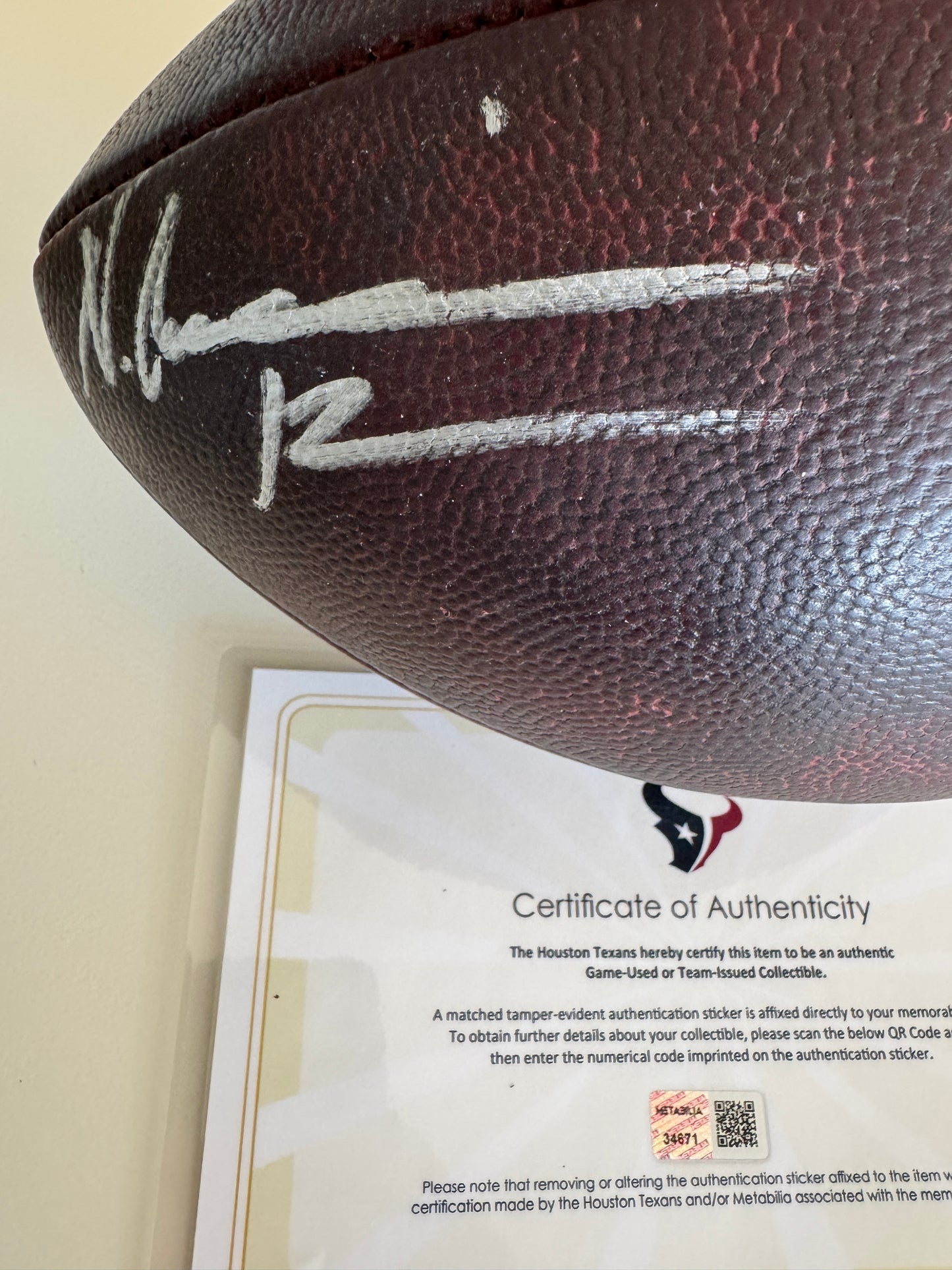 Nico Collins Hand Signed 🖊️ Practice-USED 💪 Wilson The Duke NFL Ball Inscribed "Houston Strong!"