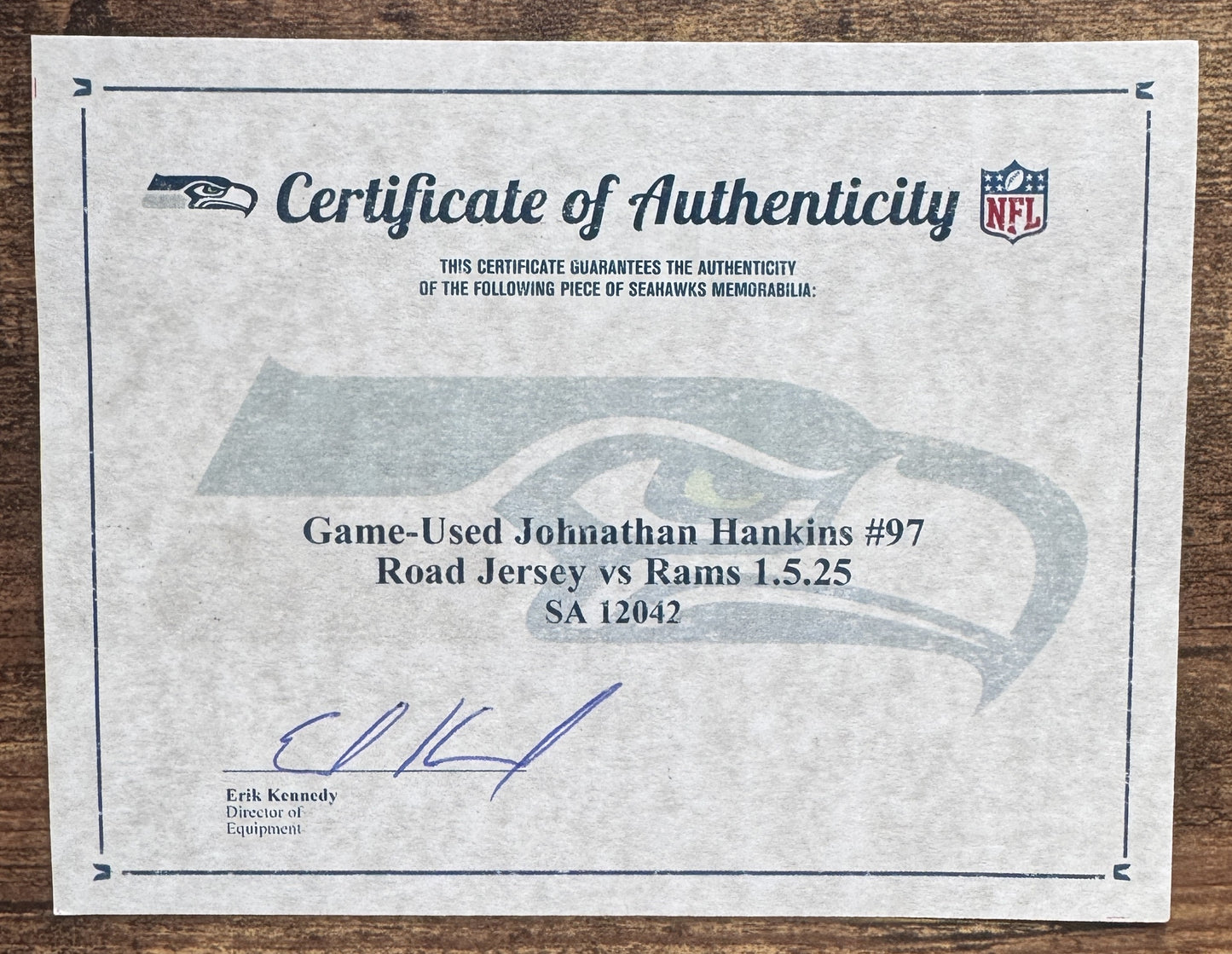Johnathan Hankins GAME-WORN 💪 01/05/25 Seattle Seahawks NFL Jersey 👕 vs. Los Angeles Rams 🐏 inc.COA 💥