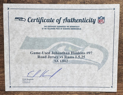 Johnathan Hankins GAME-WORN 💪 01/05/25 Seattle Seahawks NFL Jersey 👕 vs. Los Angeles Rams 🐏 inc.COA 💥