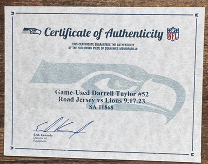 Darrell Taylor GAME-WORN💪09/17/2023 Seahawks Nike NFL Jersey👕vs. Detriot Lions🦁includes COA