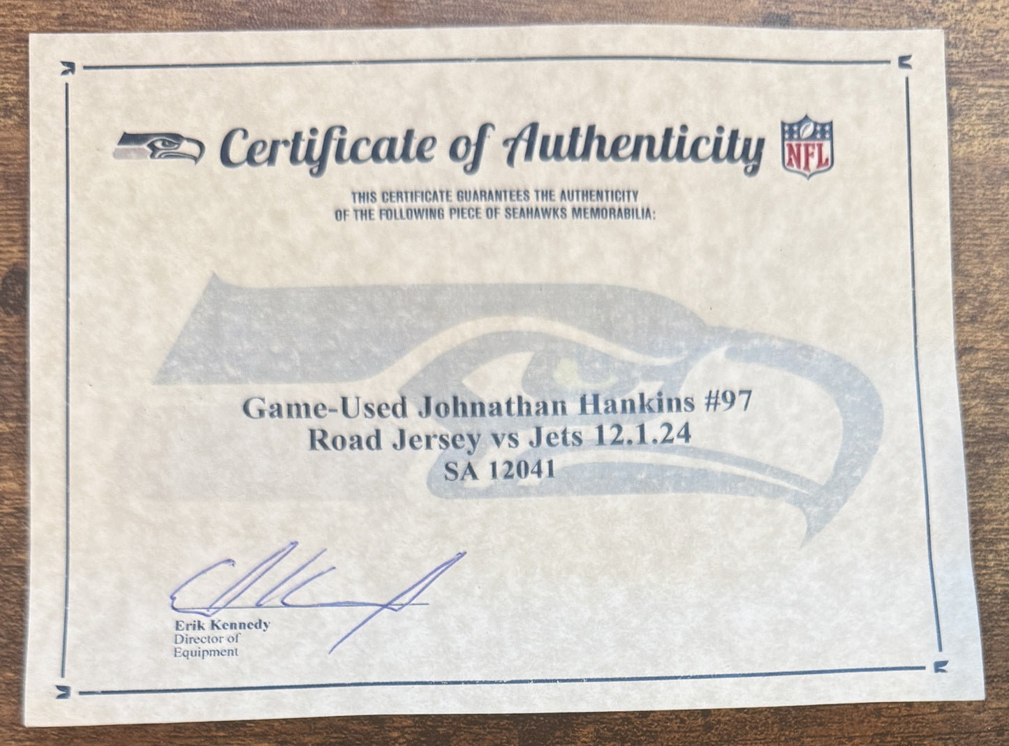 Johnathan Hankins GAME-WORN💪12/01/24 Seattle Seahawks NFL Jersey👕vs. New York Jets inc.COA💥