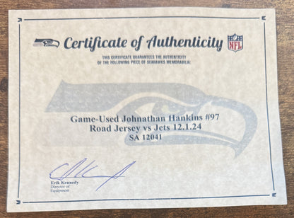 Johnathan Hankins GAME-WORN💪12/01/24 Seattle Seahawks NFL Jersey👕vs. New York Jets inc.COA💥