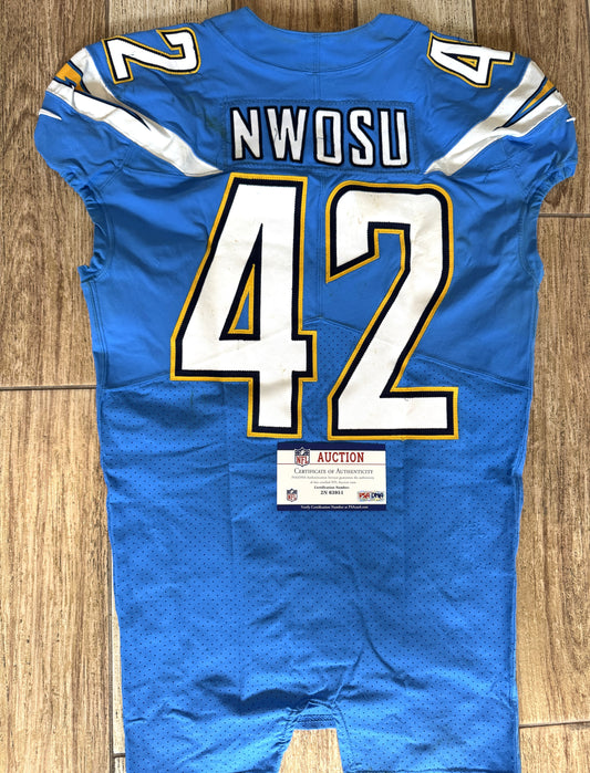 Uchenna Nwosu GAME WORN💪11/18/19 LA Chargers vs. Chiefs🪶NFL Jersey🎽PSA COA