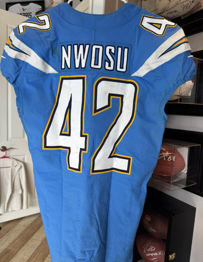Uchenna Nwosu GAME WORN💪11/18/19 LA Chargers vs. Chiefs🪶NFL Jersey🎽PSA COA