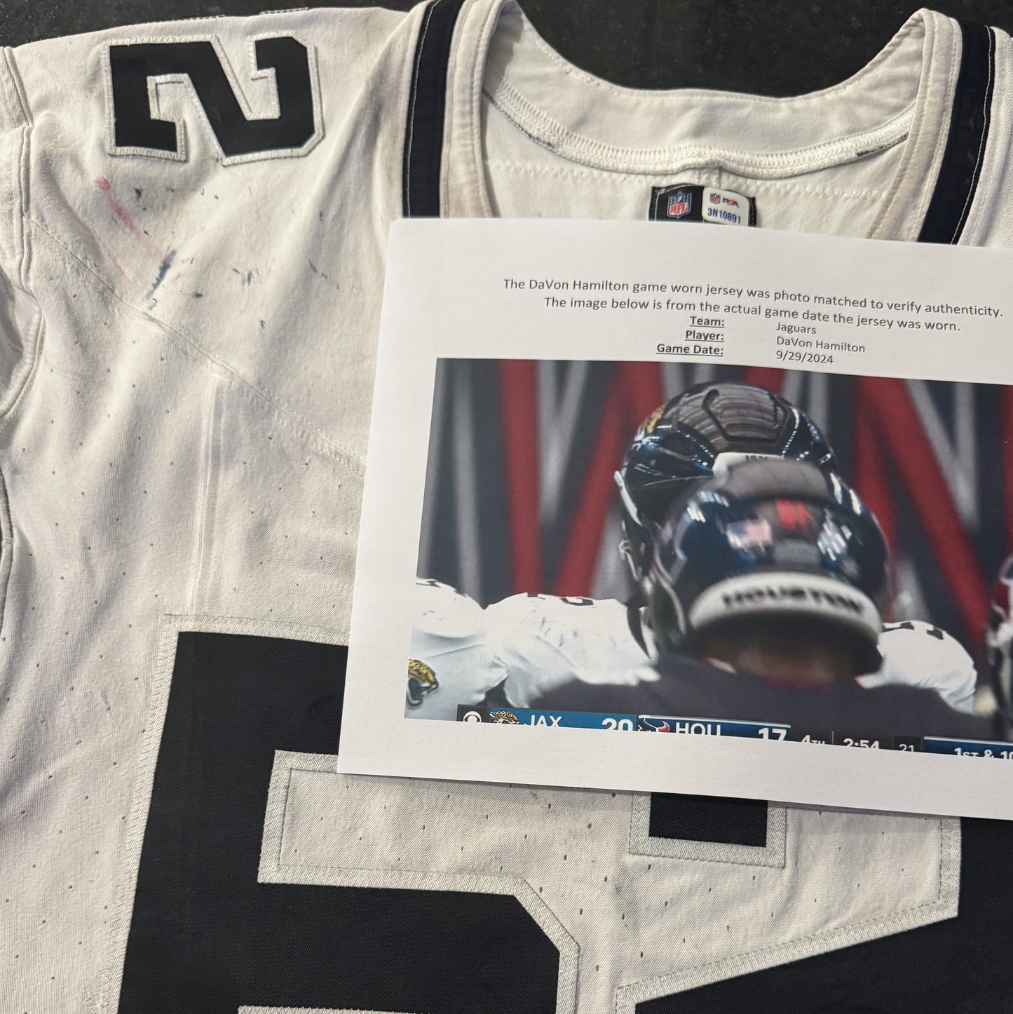 DaVon Hamilton GAME USED 💪 09/29/24 PHOTO MATCHED 📸 Jacksonville Jaguars 🐆Nike NFL Jersey👕inc. PSA COA 🛡️ vs. Houston Texans