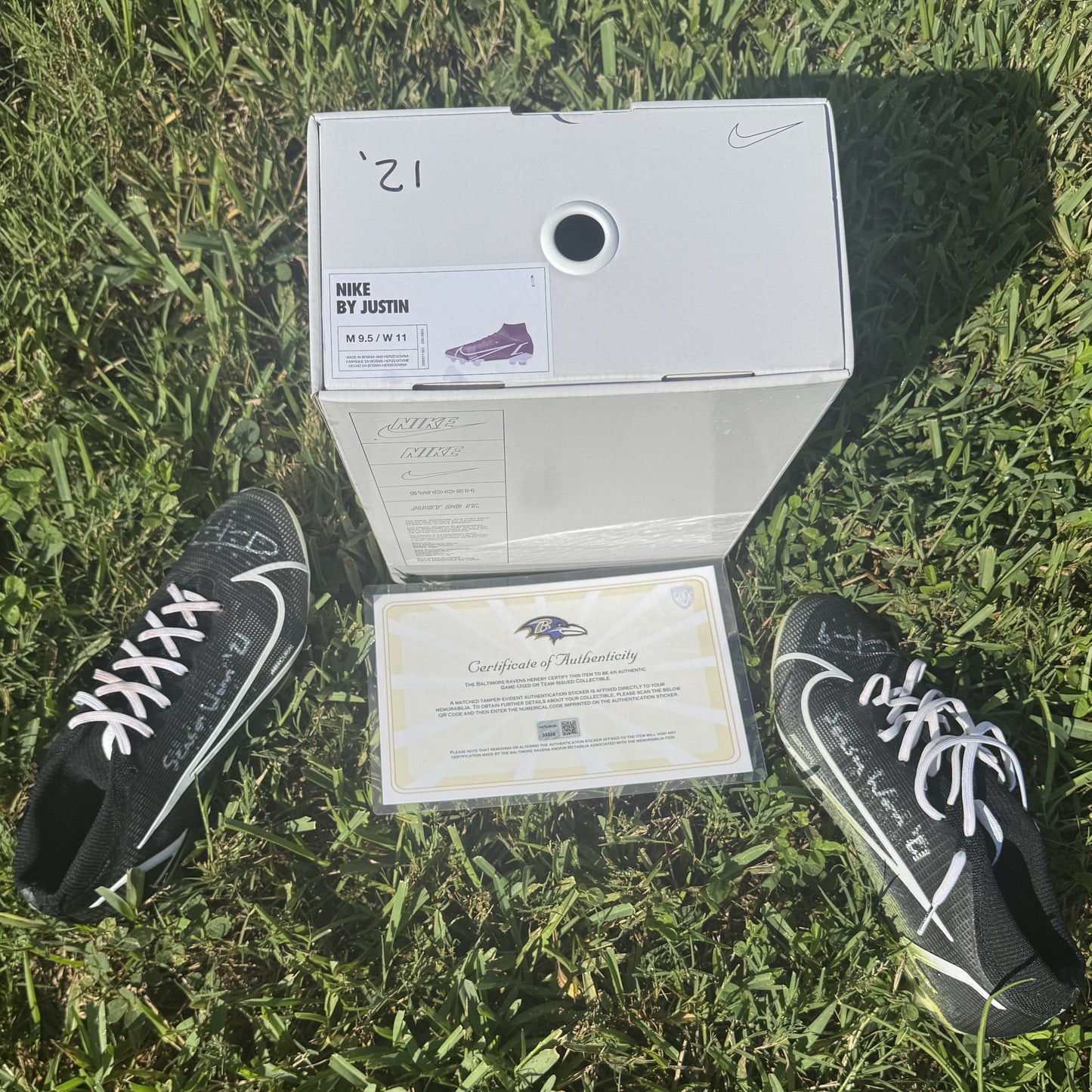 Justin Tucker Signed + Inscribed GAME WORN NFL Cleats 2021-2022 Season Baltimore Ravens  Includes COA