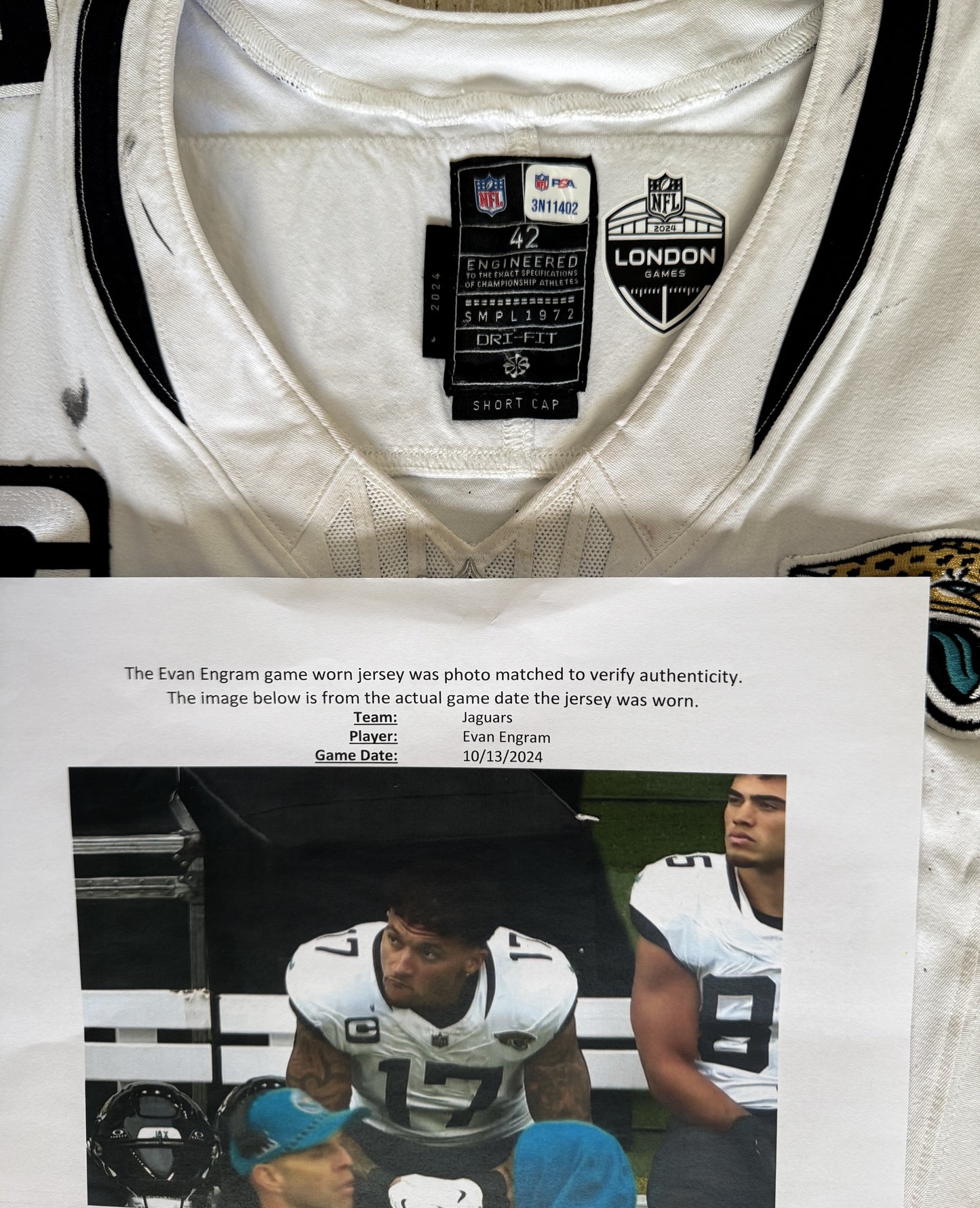 Evan Engram GAME USED 💪 10/13/24 PHOTO MATCHED 📸 Jacksonville Jaguars 🐆 Nike NFL On-Field Jersey👕 vs. Chicago Bears (London Game) 🌍