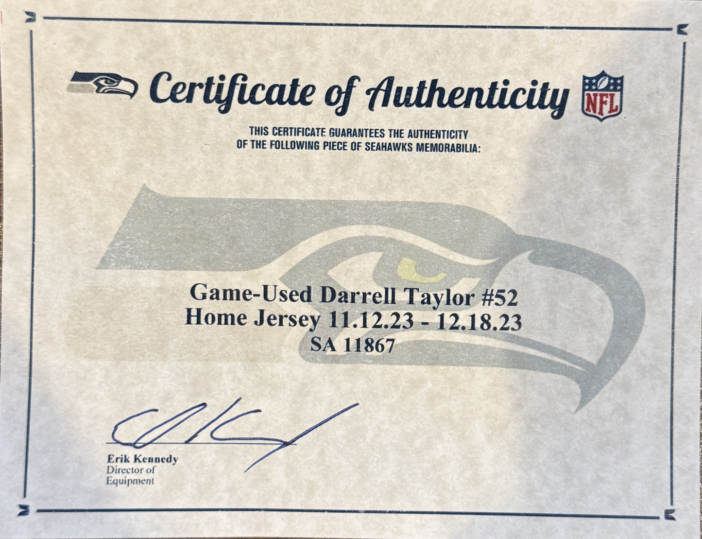Darrell Taylor GAME WORN 💪 11/12/23 & 12/18/23 Seattle Seahawks Nike NFL Jersey 👕 Worn in two separate victories: 11/12/23 vs. Commanders + 12/18/23 vs. Eagles
