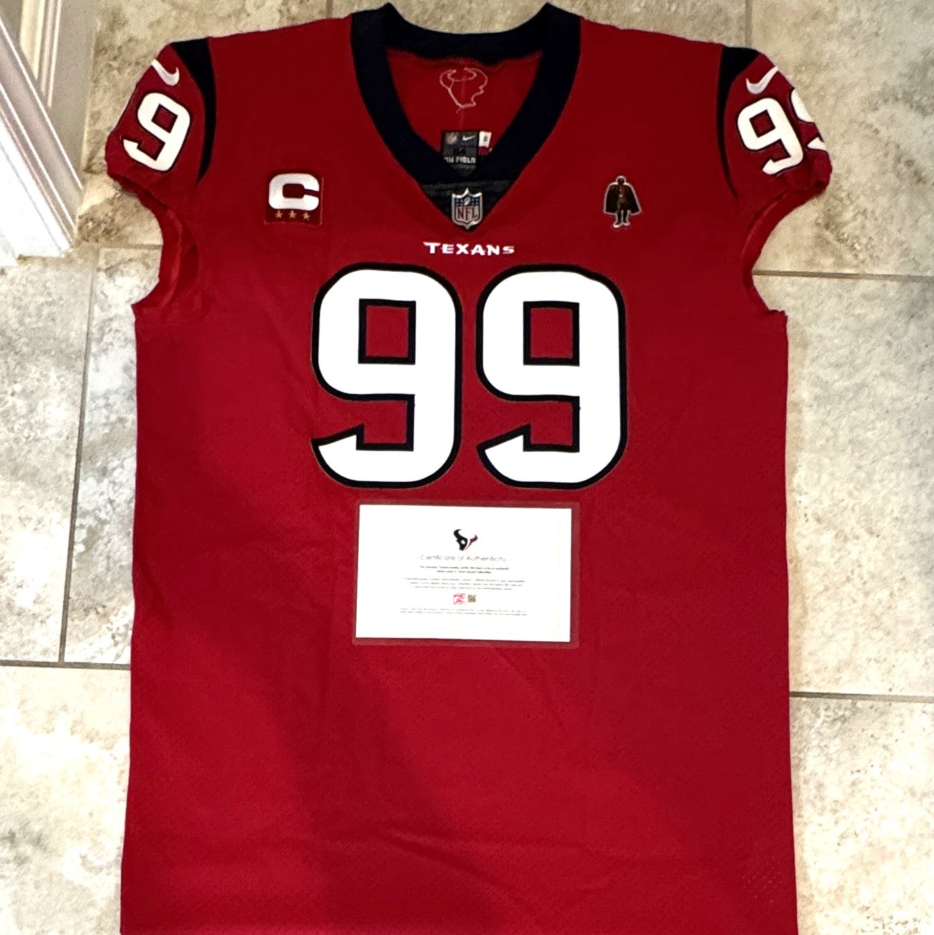 J.J. Watt 💯 TEAM ISSUED 💪 Houston Texans On-Field Nike NFL Jersey 👕 Includes Walter Payton NFL Man of the Year & Captain Patches
