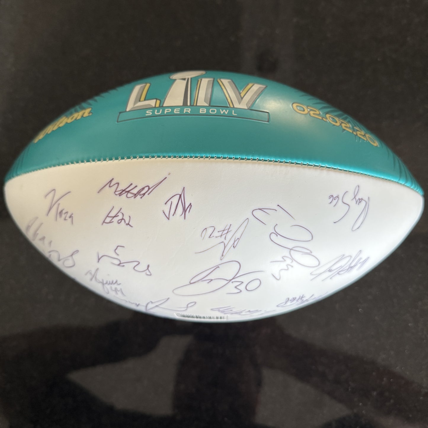 San Francisco 49ers Multi Signed Super Bowl 54 Commemorative Panel Ball Signed By Over 30 Players Inc. George Kittle, Kyle Juszczyk, Kyle Shannahan, DeForest Buckner, Kwon Alexander, Jeff Wilson...