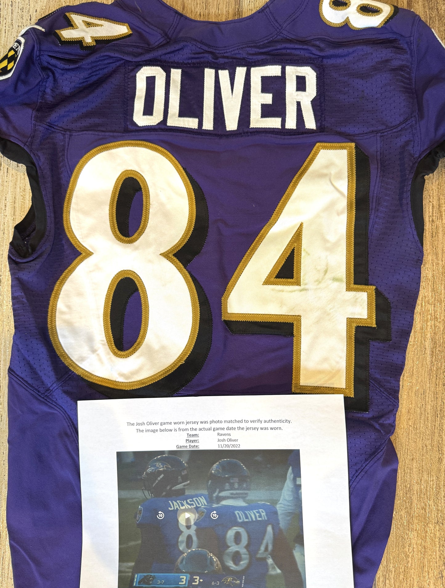 Josh Oliver GAME WORN💪11/20/22 Ravens💜vs. Panthers🐾On-Field NFL Nike Jersey Worn during the November 20, 2022 victory vs. Carolina Panthers