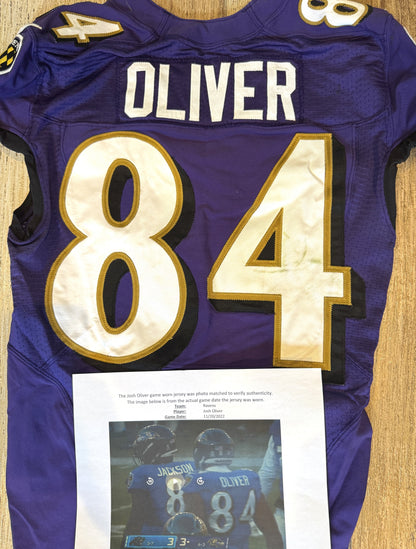 Josh Oliver GAME WORN💪11/20/22 Ravens💜vs. Panthers🐾On-Field NFL Nike Jersey Worn during the November 20, 2022 victory vs. Carolina Panthers