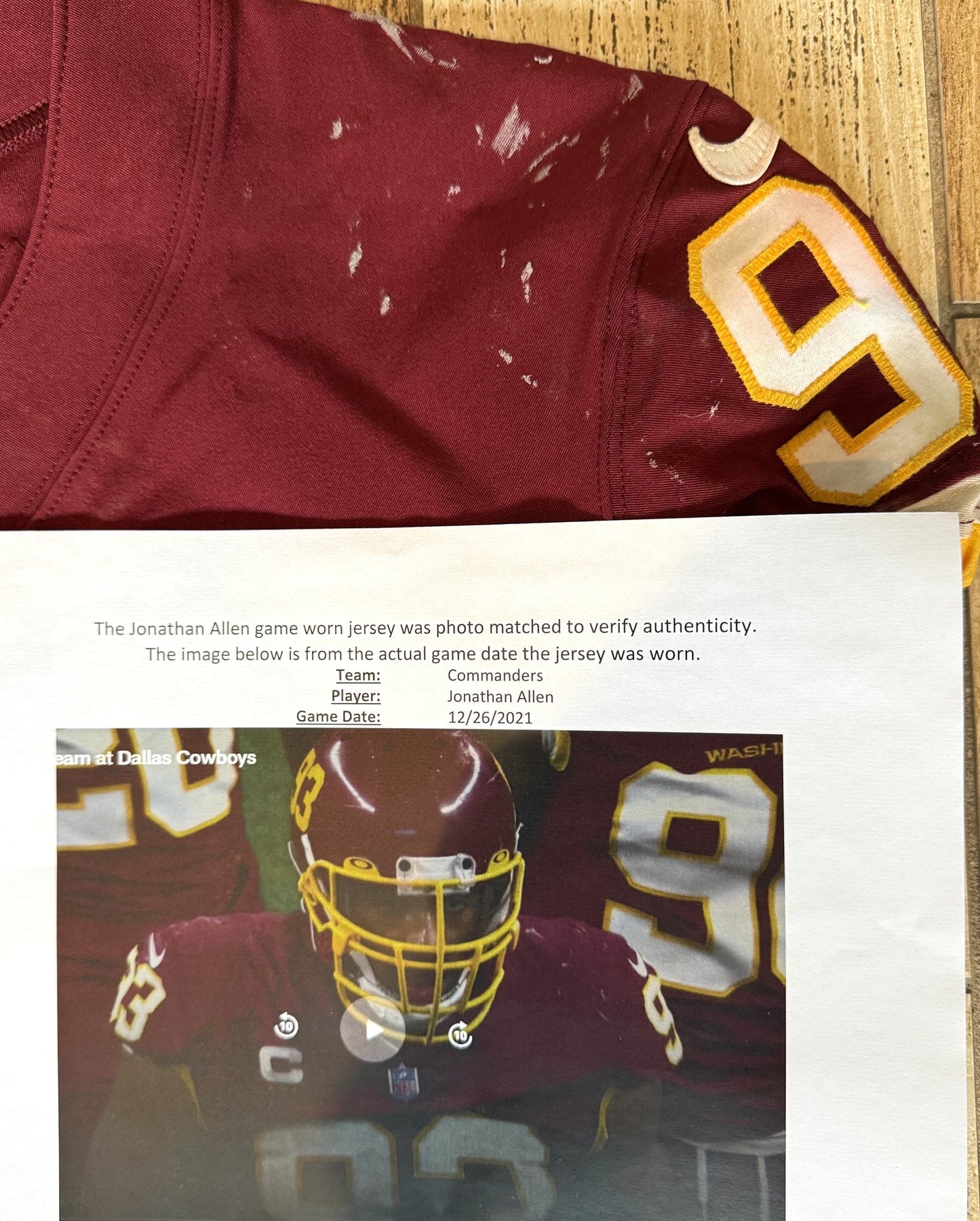 Jonathan Allen GAME-WORN & PHOTO-MATCHED Jersey Washington Commanders | 12/26/21 vs. Cowboys (Salute to Service Game) | PSA Certified | Size 44