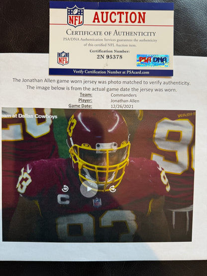 Jonathan Allen GAME-WORN & PHOTO-MATCHED Jersey Washington Commanders | 12/26/21 vs. Cowboys (Salute to Service Game) | PSA Certified | Size 44