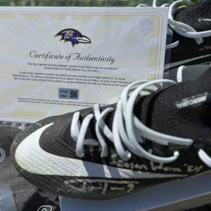 Justin Tucker Signed✍️GAME WORN💪NFL Cleats👟24-25 Season Ravens💜Inscribed🛡️Worn wk 9 vs Denver Broncos 11/03/24 & wk 11 @ Pittsburgh 11/17/24