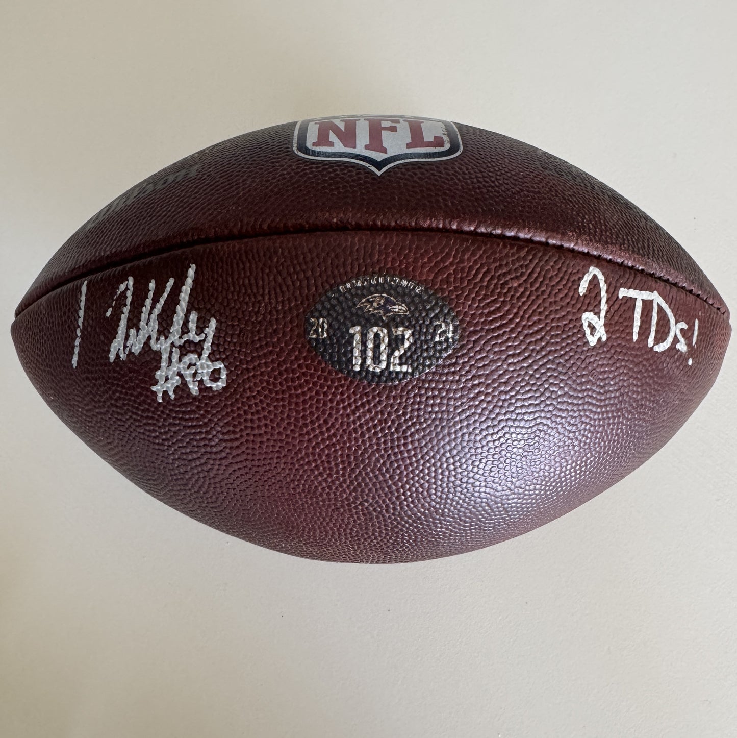 Ravens Isaiah Likely Signed GAME USED 10/06/24 PHOTOMATCHED Ball Inscribed 2 TDs. Used in victory over Cincinnati Bengals