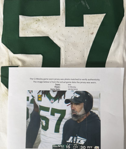 C.J. Mosley GAME USED 💪 10/20/2024 PHOTO MATCHED 📸 New York Jets NFL Nike Jersey👕Inc. PSA COA📄