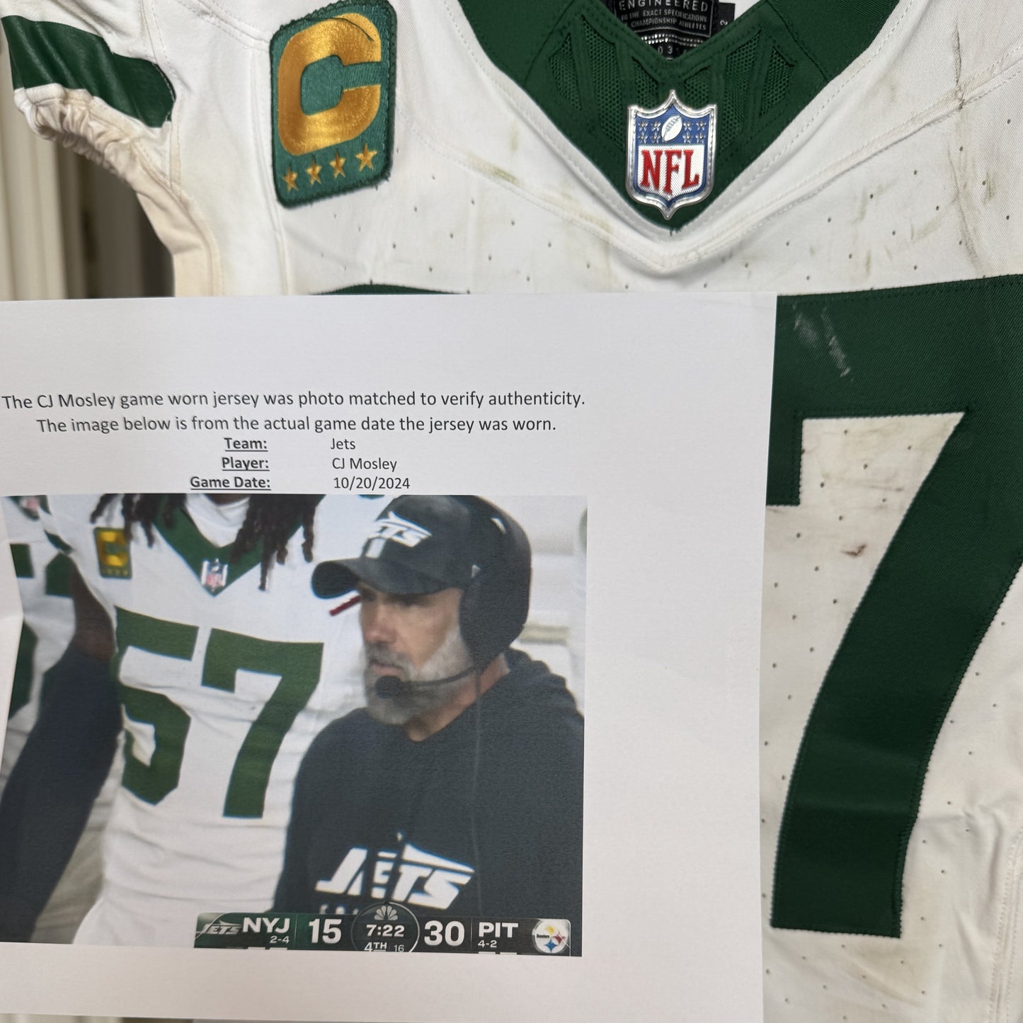 C.J. Mosley GAME USED 💪 10/20/2024 PHOTO MATCHED 📸 New York Jets NFL Nike Jersey👕Inc. PSA COA📄