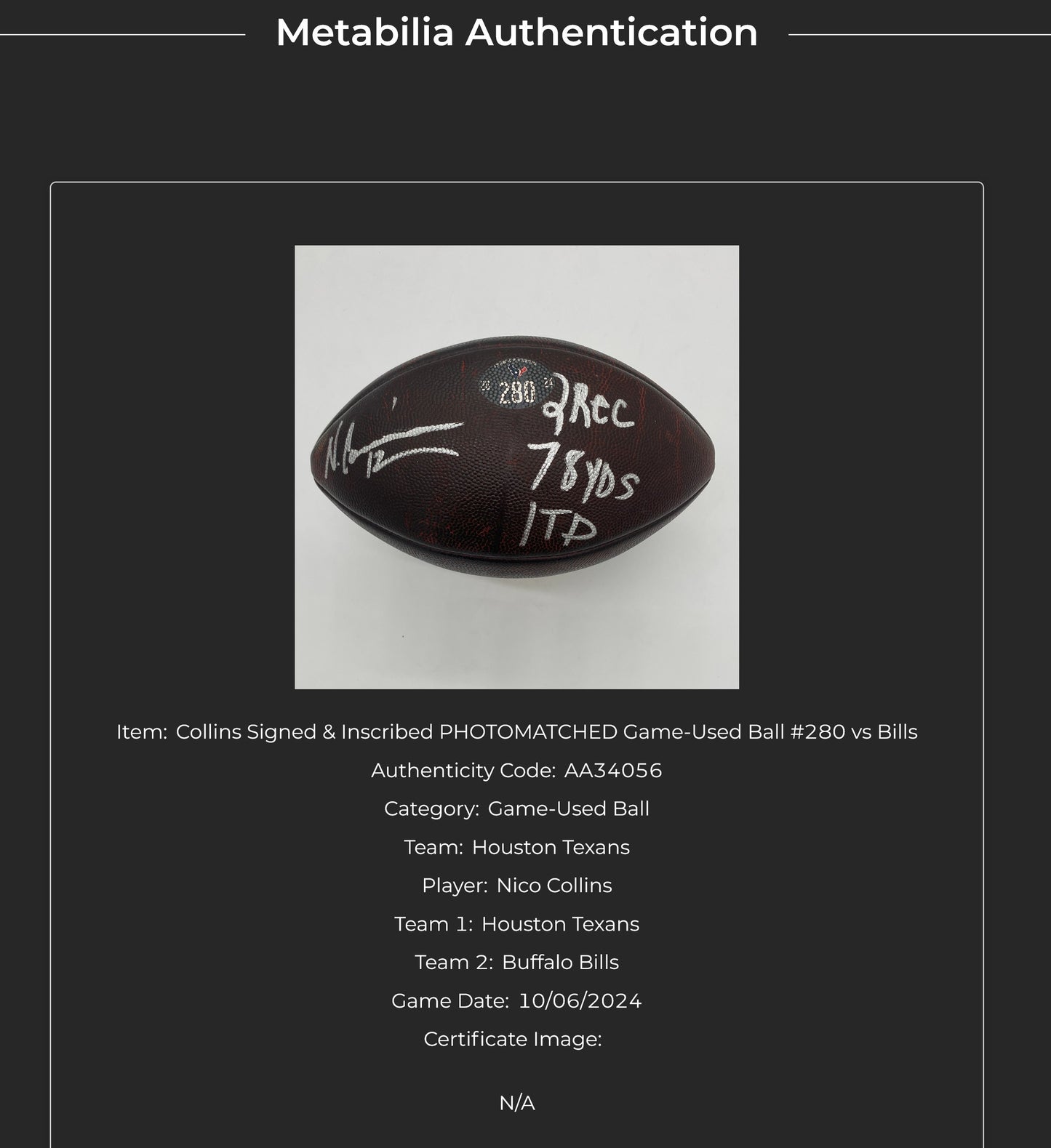 Nico Collins GAME-USED 💪 & Signed ✍️ Houston Texans Wilson DUKE Ball vs. Buffalo Bills 🦬 10/06/24 Also inc inscription