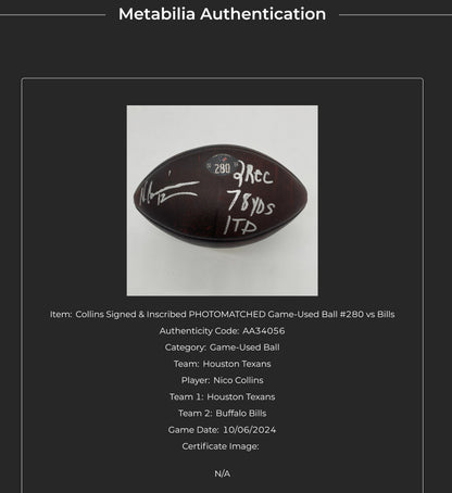 Nico Collins GAME-USED 💪 & Signed ✍️ Houston Texans Wilson DUKE Ball vs. Buffalo Bills 🦬 10/06/24 Also inc inscription