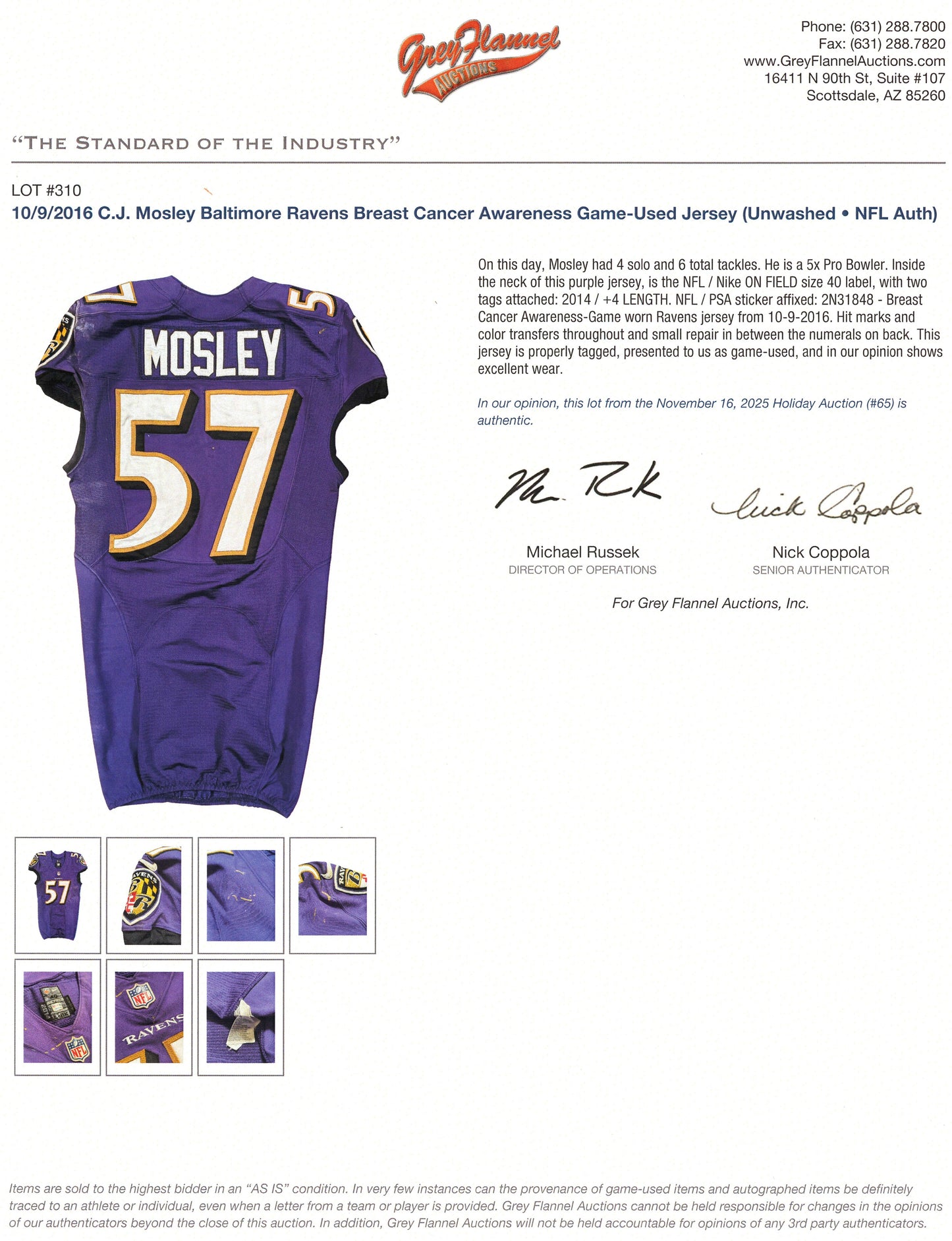 C.J. Mosley GAME WORN 💪 10/09/16 Baltimore Ravens Nike NFL Jersey 👕 vs Commanders inc. COA 🛡️