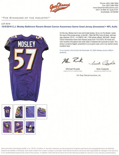 C.J. Mosley GAME WORN 💪 10/09/16 Baltimore Ravens Nike NFL Jersey 👕 vs Commanders inc. COA 🛡️