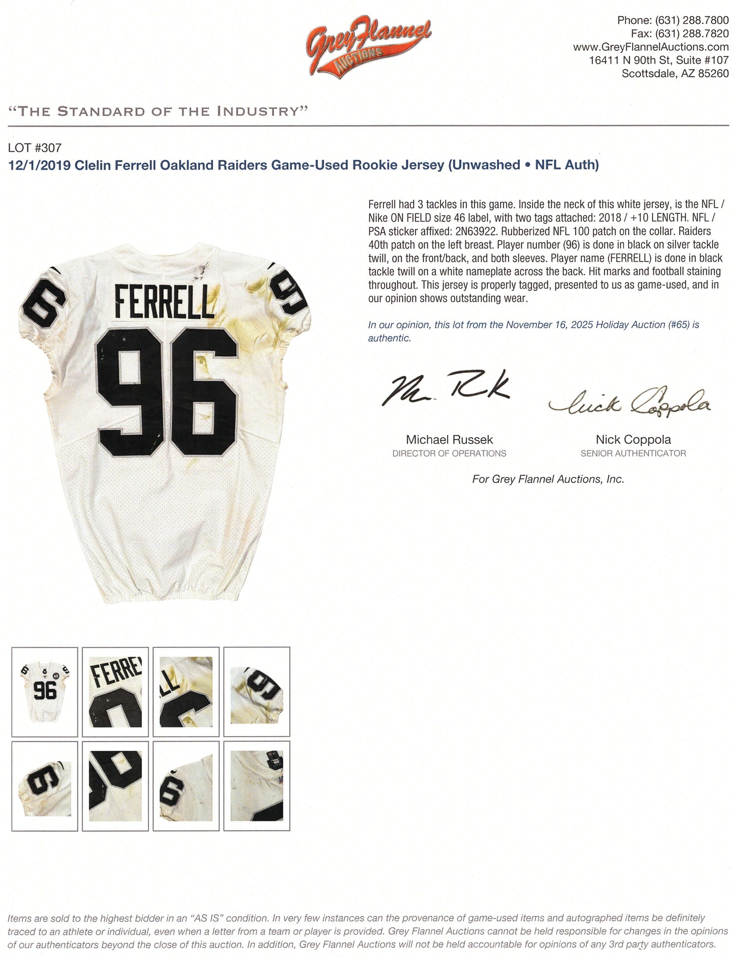 Clelin Ferrell GAME WORN💪12.01.19 Oakland Raiders⚫⚪Nike NFL Jersey 👕vs. Chiefs inc. COA 🛡️