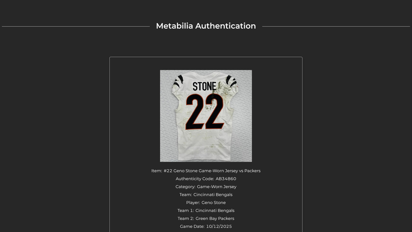 Geno Stone GAME WORN 10/12/25 💪 Cincinnati Bengals 🐅 Nike NFL Jersey 👕 vs Green Bay Packers inc. COA 🛡️