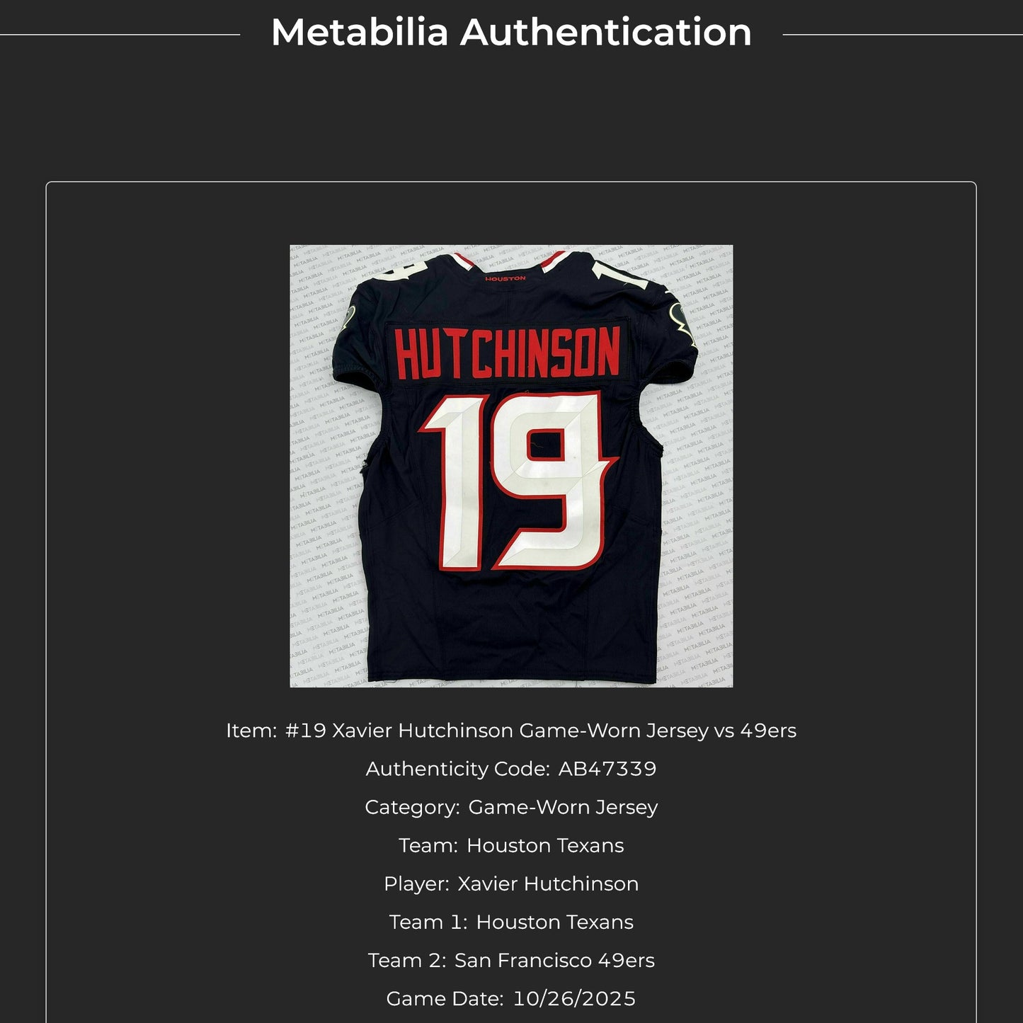 Xavier Hutchinson GAME WORN 10/26/25 Houston Texans NFL Jersey 👕 vs San Fransisco 49ers. Also includes COA