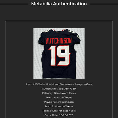 Xavier Hutchinson GAME WORN 10/26/25 Houston Texans NFL Jersey 👕 vs San Fransisco 49ers. Also includes COA