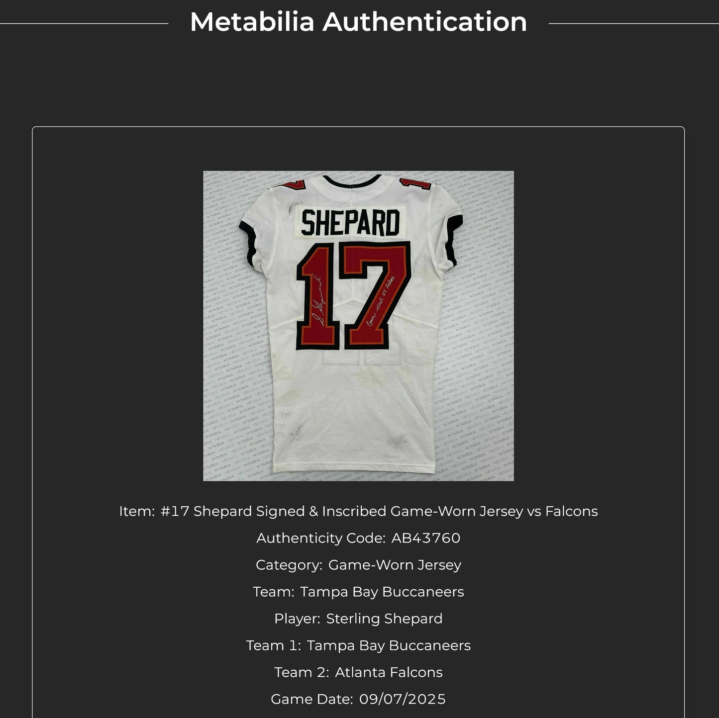 Sterling Shepard Signed & Inscribed GAME WORN 09/07/25 Tampa Bay Buccaneers Nike NFL Jersey vs. Atlanta Falcons Includes COA 📄