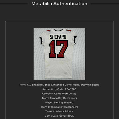 Sterling Shepard Signed & Inscribed GAME WORN 09/07/25 Tampa Bay Buccaneers Nike NFL Jersey vs. Atlanta Falcons Includes COA 📄