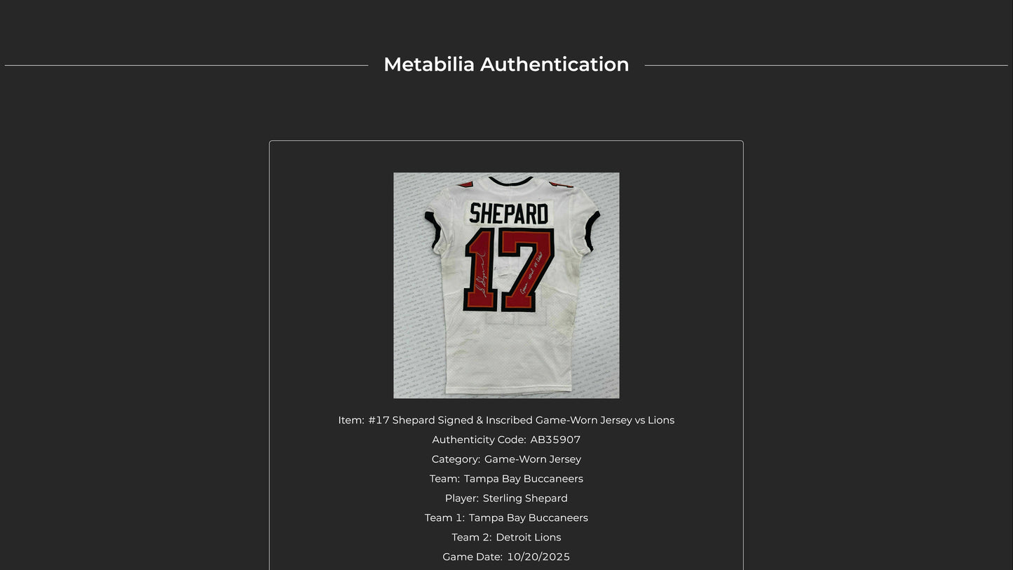 Sterling Shepard Signed + Inscribed GAME WORN 10/20/25 Tampa Bay Buccaneers Jersey vs Detroit Lions Also includes COA 🛡️