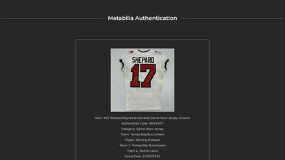 Sterling Shepard Signed + Inscribed GAME WORN 10/20/25 Tampa Bay Buccaneers Jersey vs Detroit Lions Also includes COA 🛡️