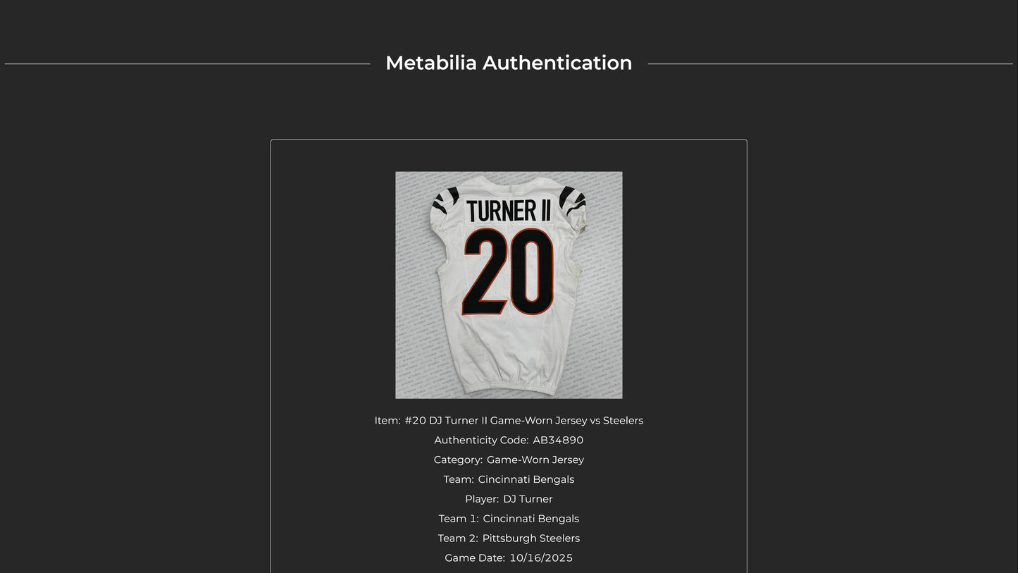 DJ Turner II GAME WORN 10/16/25 💪 Cincinnati Bengals 🐅 Nike NFL Jersey 👕vs Pittsburgh Steelers inc. COA 🛡️