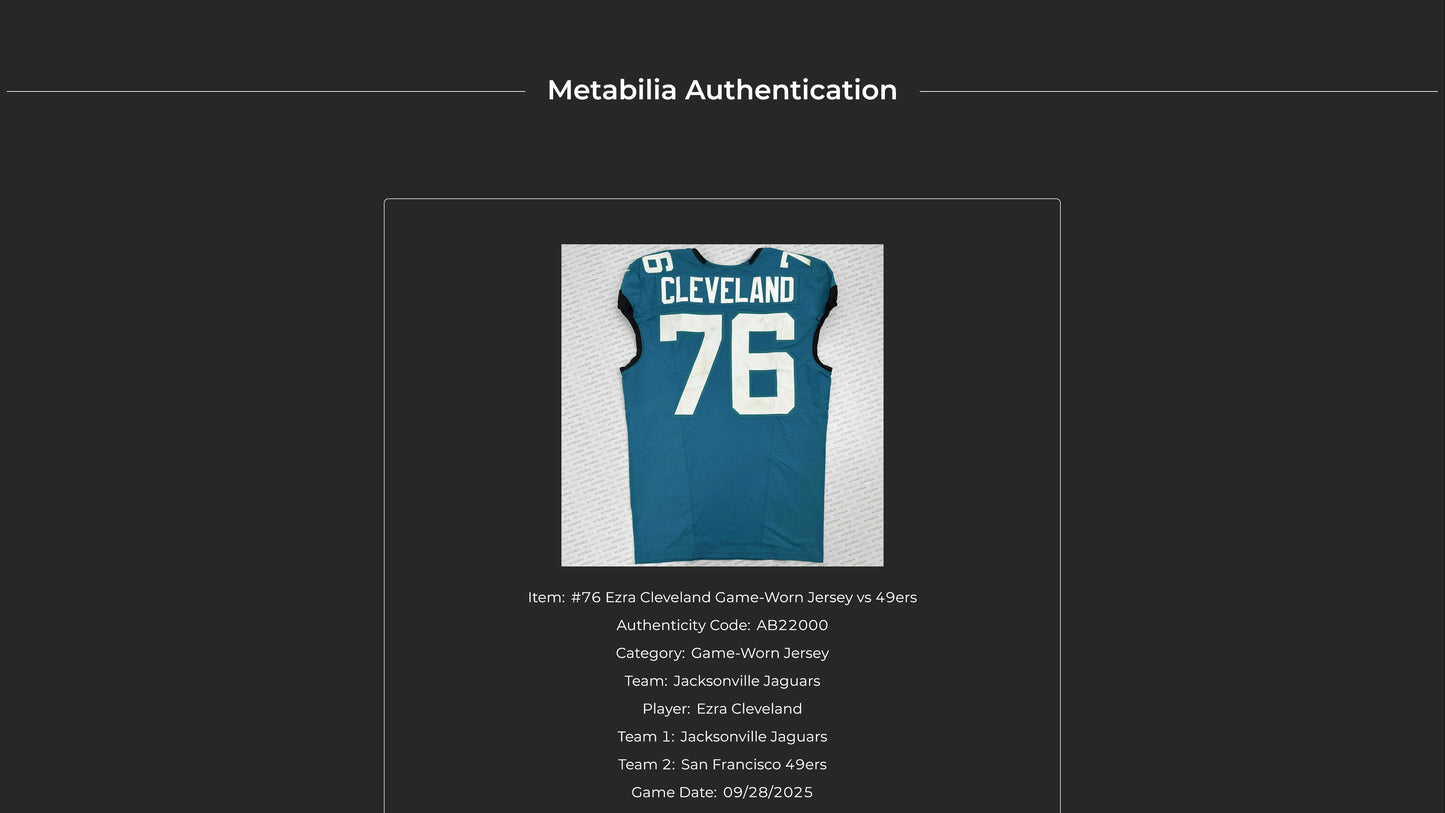 Ezra Cleveland GAME WORN 09-28-25 Jacksonville Jaguars Nike NFL Jersey vs. San Francisco 49ers Also includes COA 🛡️