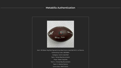 Baker Mayfield GAME USED 💪 09/07/25 Signed + Inscribed Ball Tampa Bay Buccaneers vs Atlanta Falcons Proof of Authenticity included 🛡️