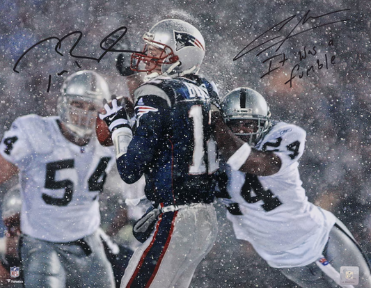 Tom Brady & Charles Woodson Signed New England Patriots (Tuck Game) 16 x 20 FRAMED Photograph🖼️ with "It was a Fumble" inscription. Also includes Fanatics COA 🛡️