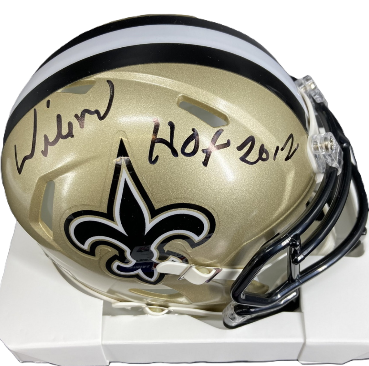 Willie Roaf Hand Signed ✍️ New Orleans Saints⚜️Replica Slate Speed Mini Helmet with "HOF 12" Inscription 🏈 Also includes PSA COA 🛡️