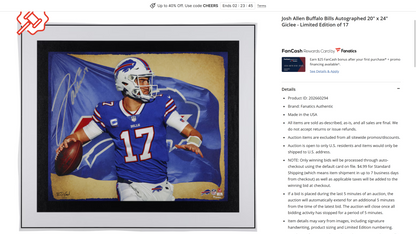 Josh Allen Hand-Signed✍️Buffalo Bills🦬20" x 24" NFL Canvas Giclee Limited Edition of 17