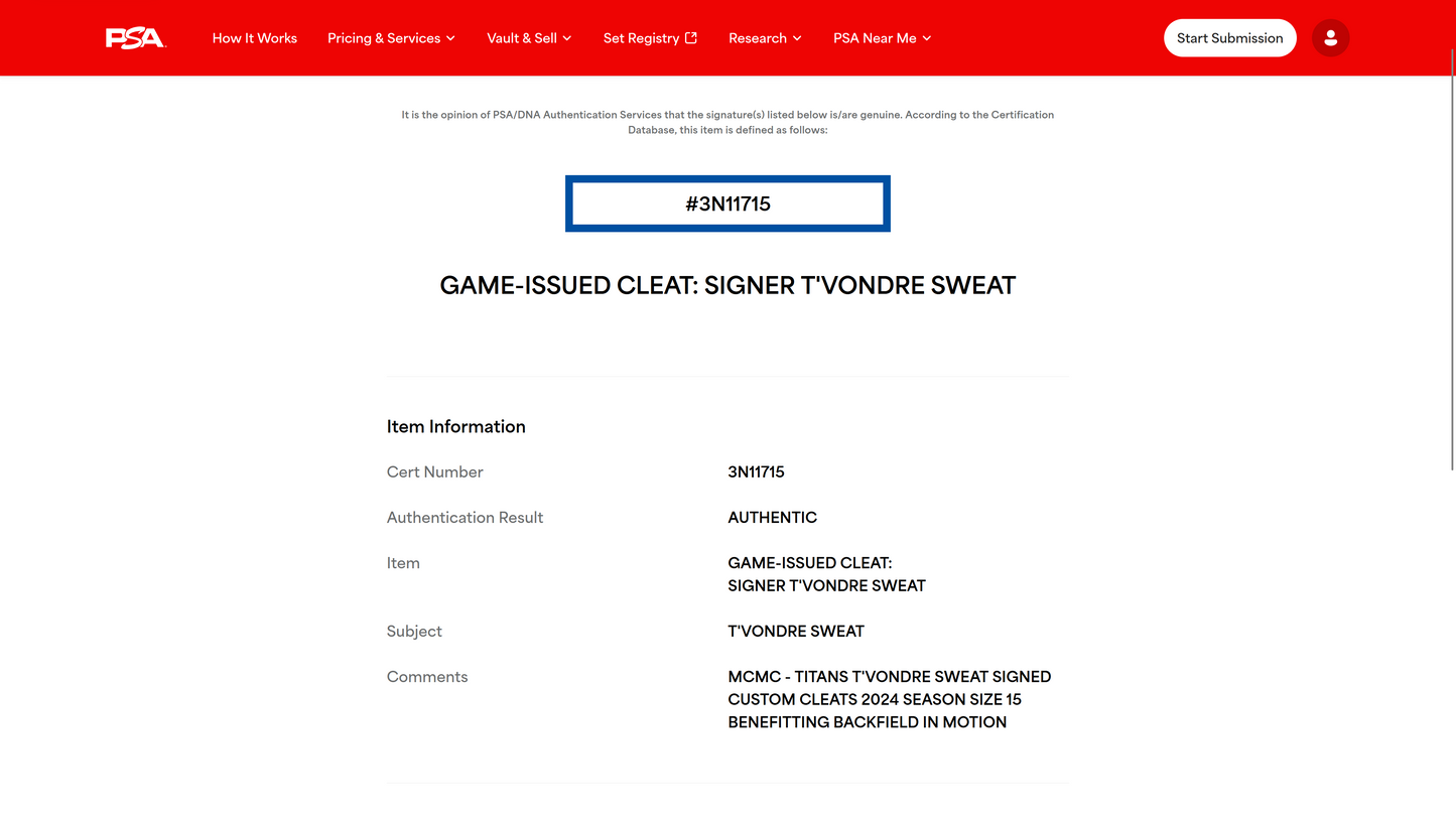 T'Vondre Sweat Signed Tennessee Titans Custom Cleats (2024 season) - Benefitting Backfield in Motion Inc.Professional Sports Authenticator (PSA) COA