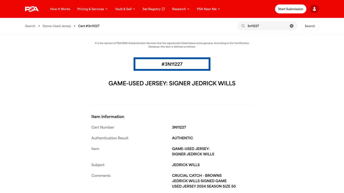 Jedrick Wills Signed✍️Game Used💪Cleveland Browns On-Field NFL Jersey👕2024 Season Inc. PSA COA