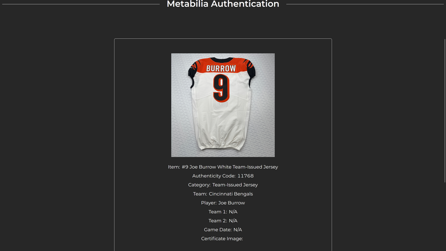 Joe Burrow Bengals Game-Issued On-Field NFL Jersey (Nike) Metabilia Certified💥Inc. Captains Patch
