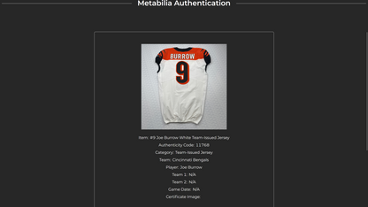 Joe Burrow Bengals Game-Issued On-Field NFL Jersey (Nike) Metabilia Certified💥Inc. Captains Patch