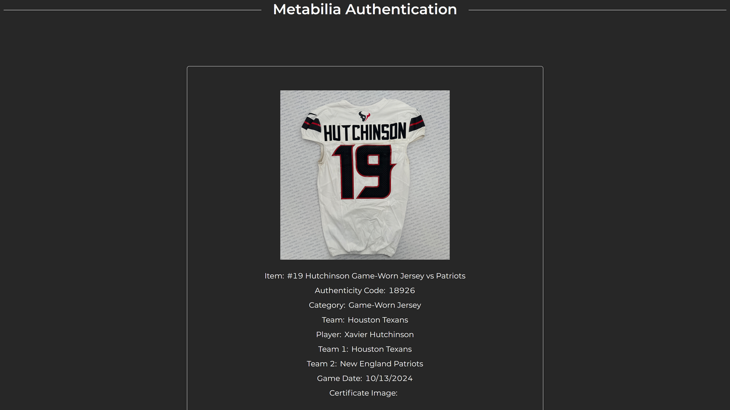 Xavier Hutchinson GAME WORN 💪 10/13/24 Houston Texans 🐂 NFL Jersey 👕 Victory over the New England Patriots inc. Metabilia COA 🛡️